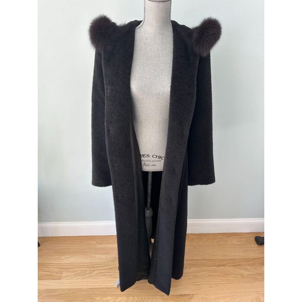 Steve by Searle Long Black Hooded Wool Coat Fur Trim Maxi Winter Elegant sz 10 - Picture 7 of 7